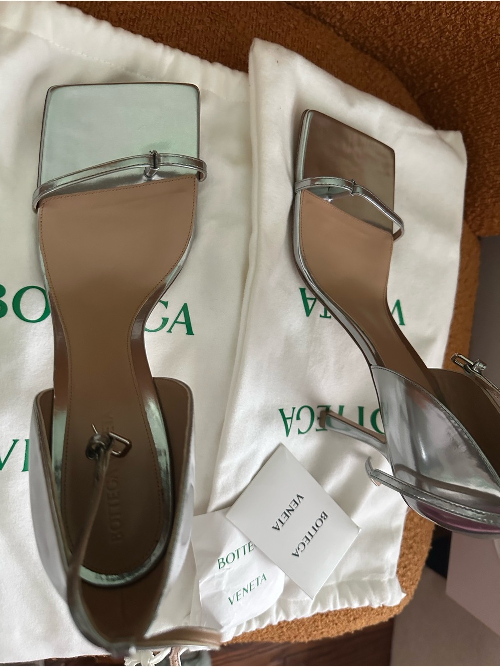Bottega Veneta Silver Metallic Square-Toe Slingback Sandals